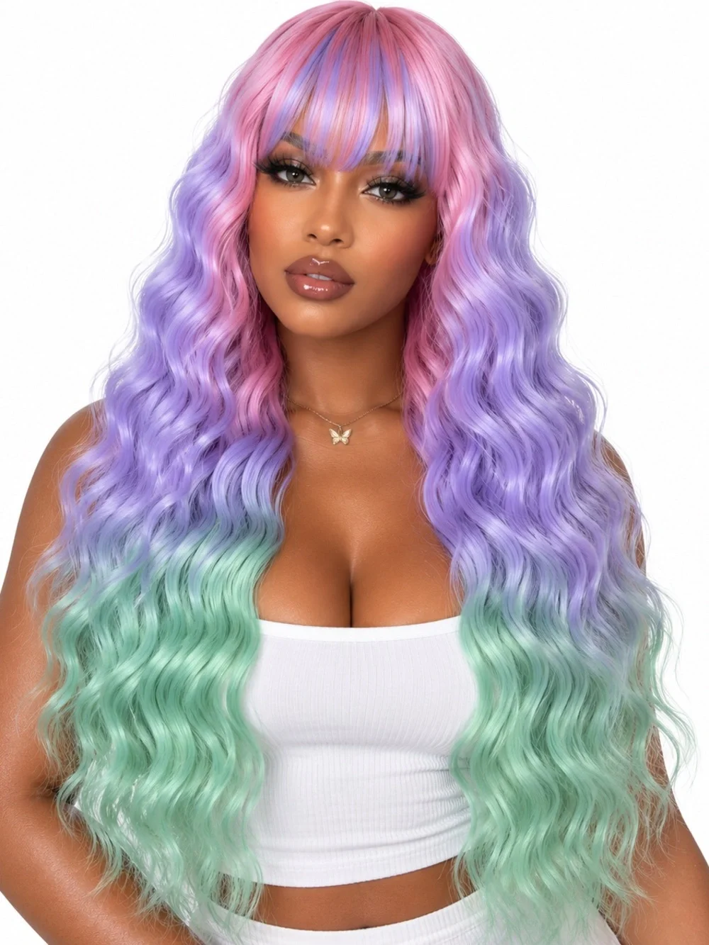 Pastel Pink, Lavender & Mint Long Wavy Wig with Bangs 24 inches long